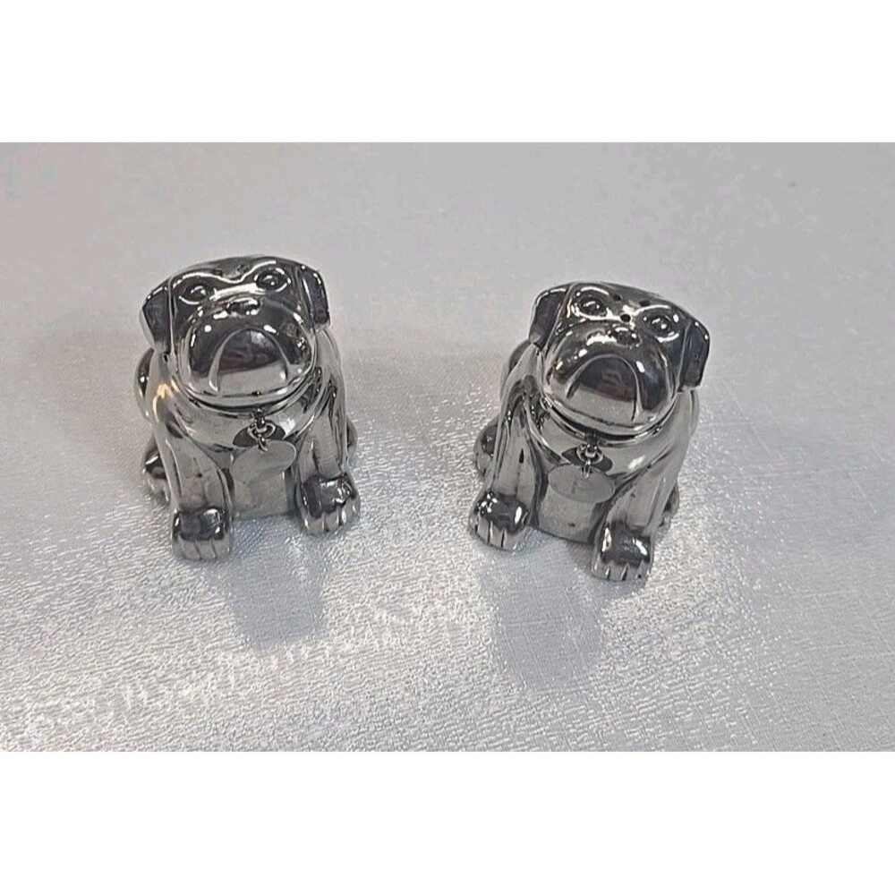 Pottery Barn Bulldog Silver Metal Salt & Pepper Shaker Set  Has FLAW